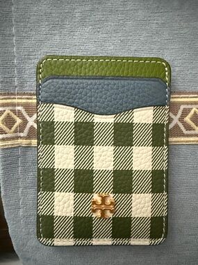 Tory Burch Olive and Cream Check Card Case with Blue Trim